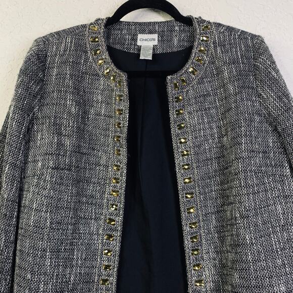 CHICO'S Blazer Jacket Duster Topper Coat Tweed Jeweled‎ Hook Metallic Thread - Picture 7 of 16